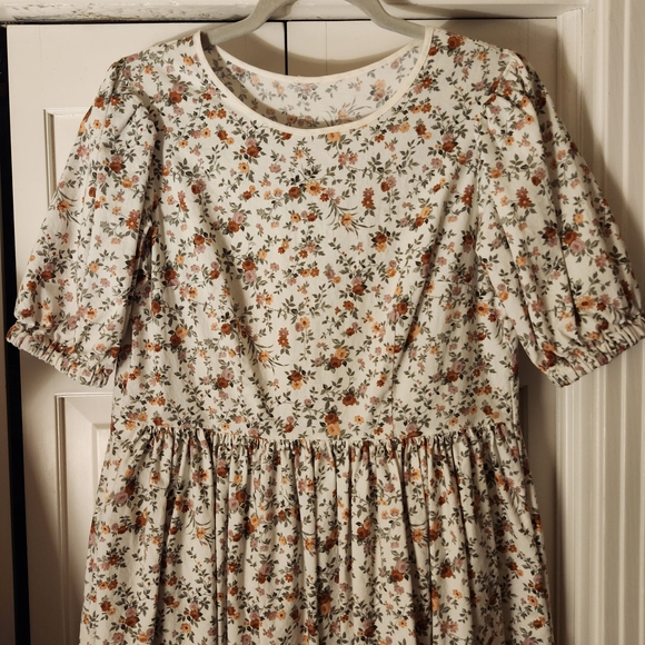 Floral Pullover Dress - Cream with Pink And Peach Floral Print - Picture 2 of 3